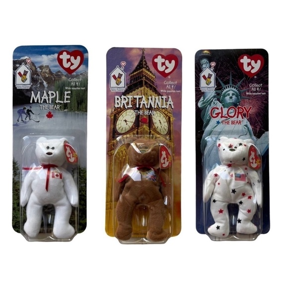 TY Beanie Babies Glory Maple Britannia Bear 1999 Tush Tag Error 1993 Set of 3 - Picture 1 of 12